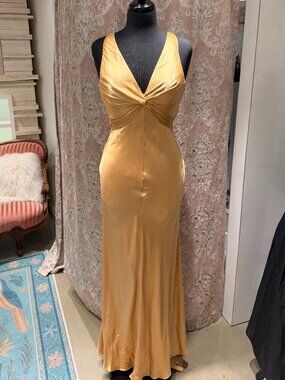 Dina Bar-El Gold Satin Backless Criss Cross Evening Gown